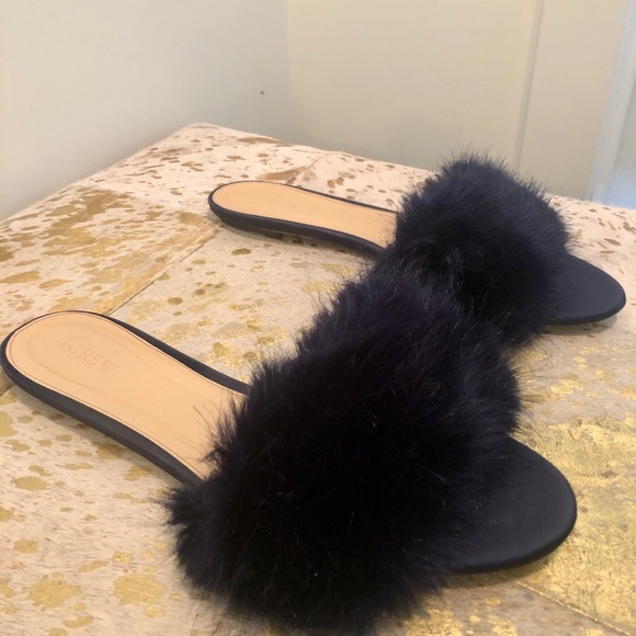 J.Crew Faux-Fur Antique Navy Blue Slide Sandals - Picture 4 of 9
